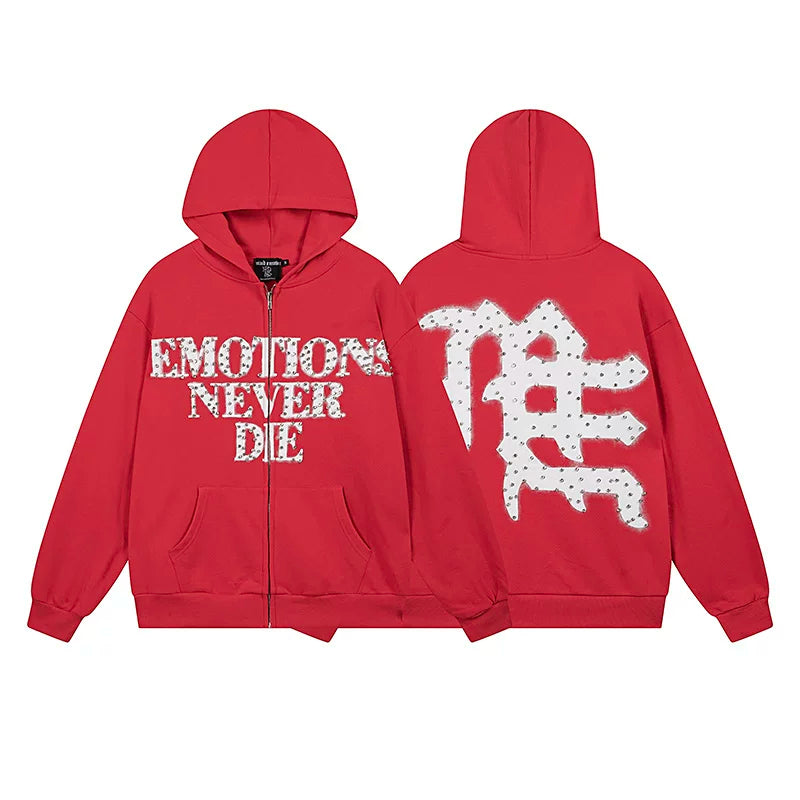 Mixed Emotion Red Zip Hoodie – White Studded Emotions Never Die Print