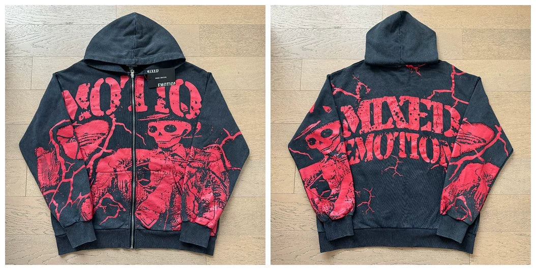 Mixed Emotion Black Zip Hoodie – Red Skull Washed Print