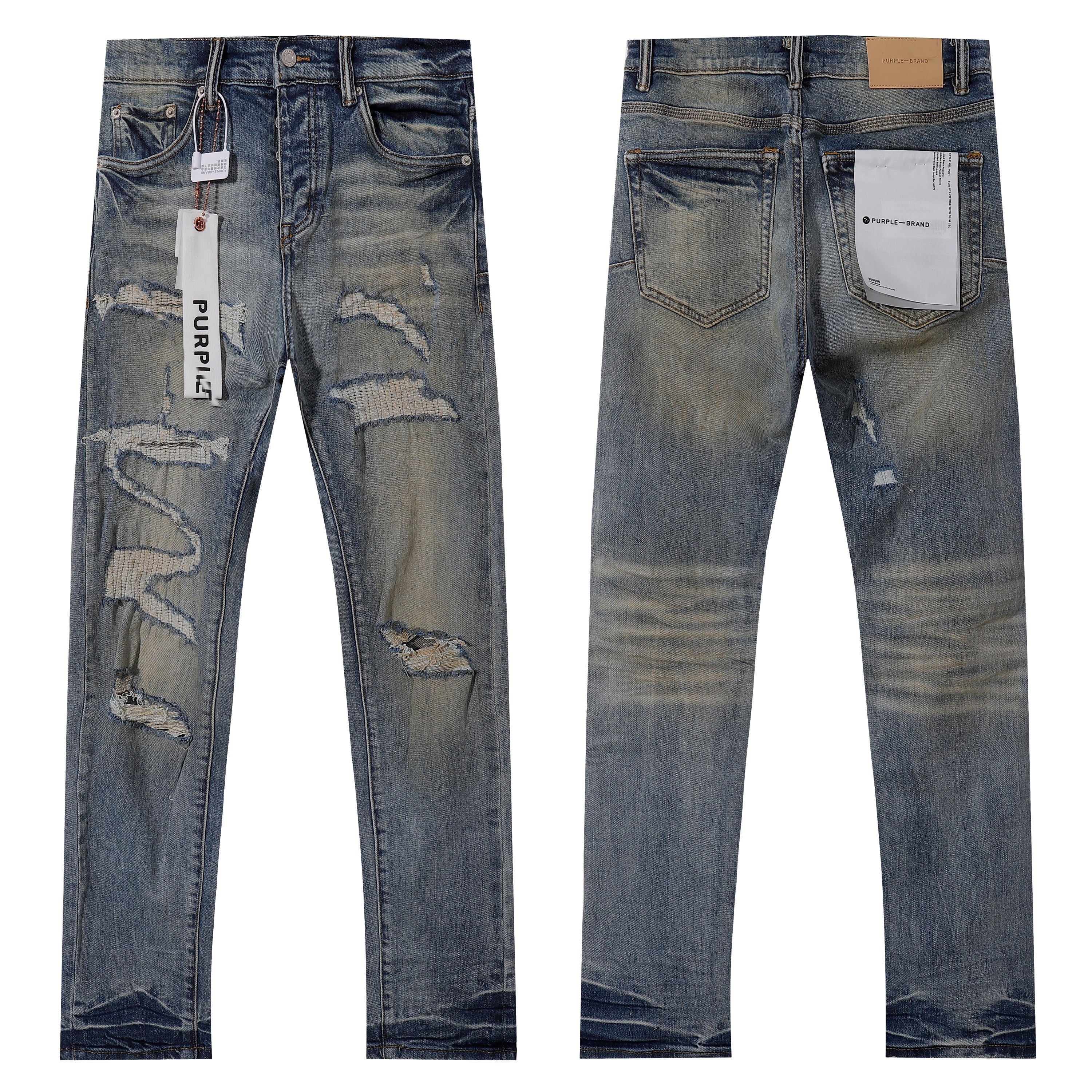 Purple‑Brand Vintage Washed Large Frayed Ripped Straight Leg Jeans