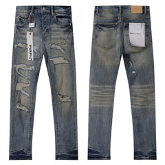 Purple‑Brand Vintage Washed Large Frayed Ripped Straight Leg Jeans