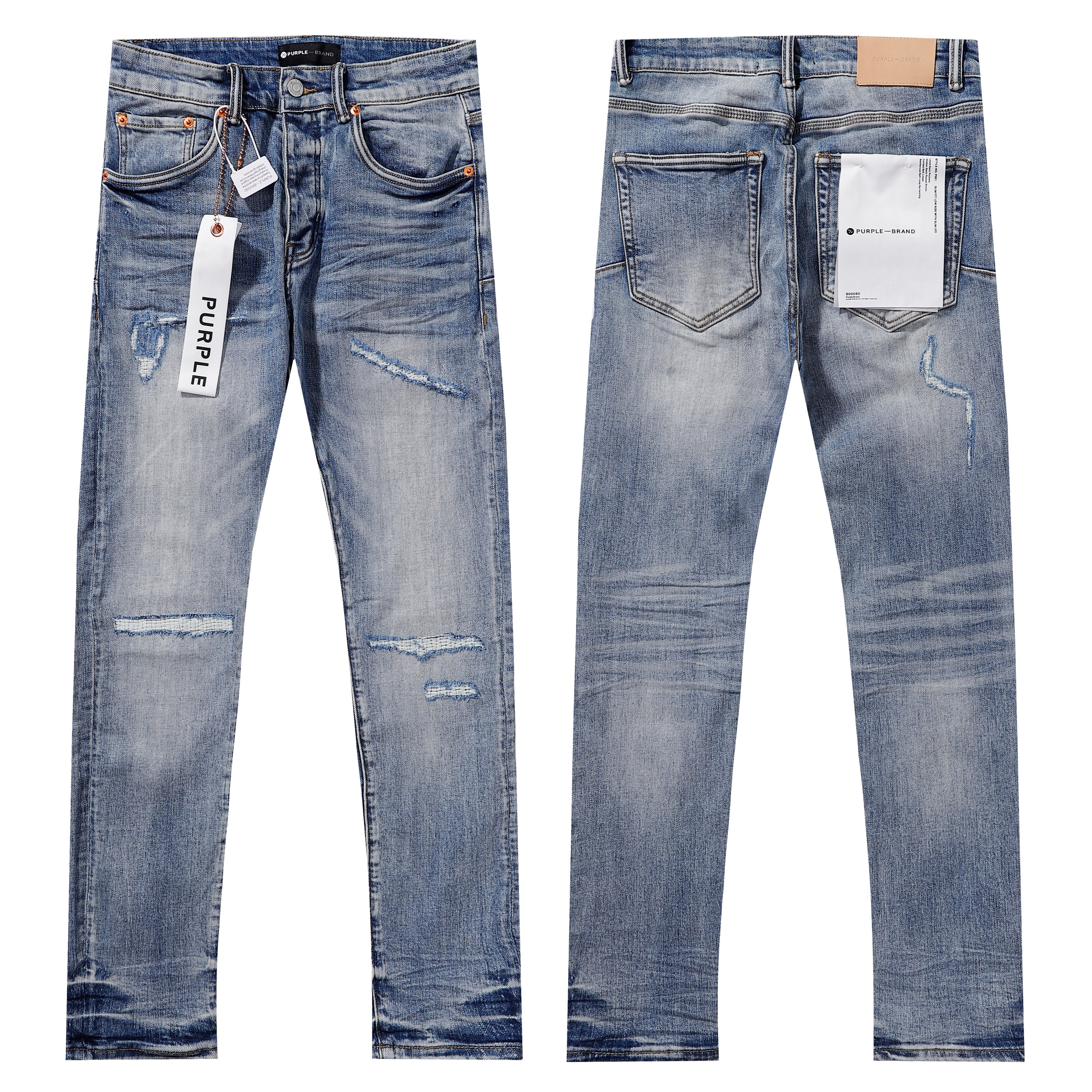Purple‑Brand Light Blue Multi‑Patch Repair Distressed Straight Leg Jeans