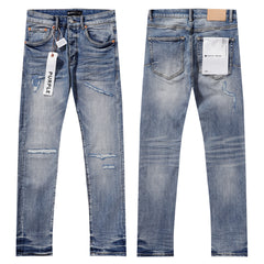 Purple‑Brand Light Blue Multi‑Patch Repair Distressed Straight Leg Jeans