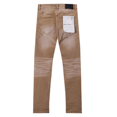 Purple‑Brand Khaki Tan Wash Black Patch Distressed Straight Leg Jeans