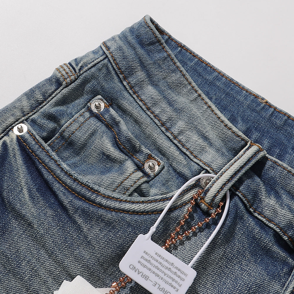 Purple‑Brand Light Vintage Wash Multi‑Ripped Straight Leg Jeans