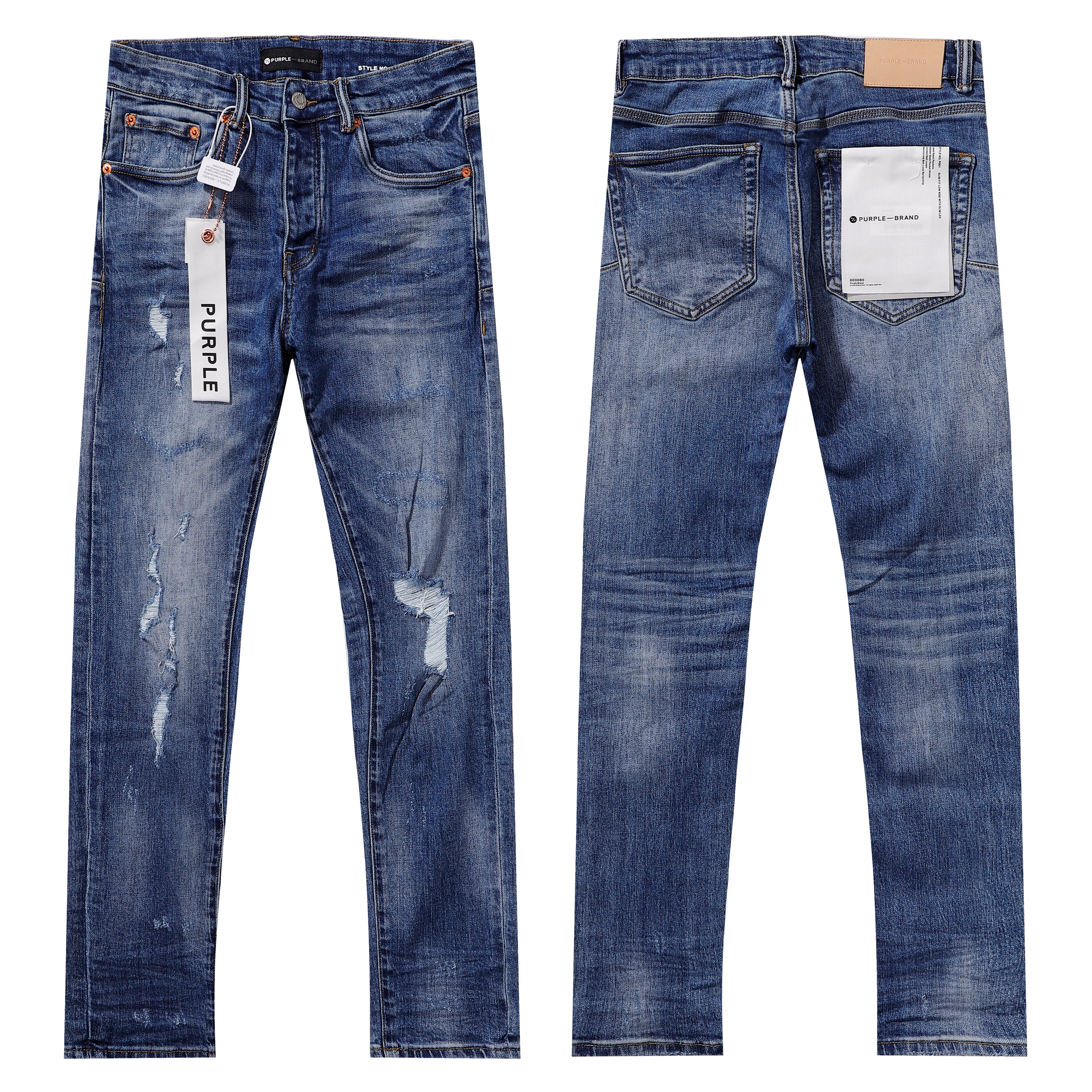 Purple‑Brand Medium‑Blue Multi Frayed Rip Distressed Straight Leg Jeans
