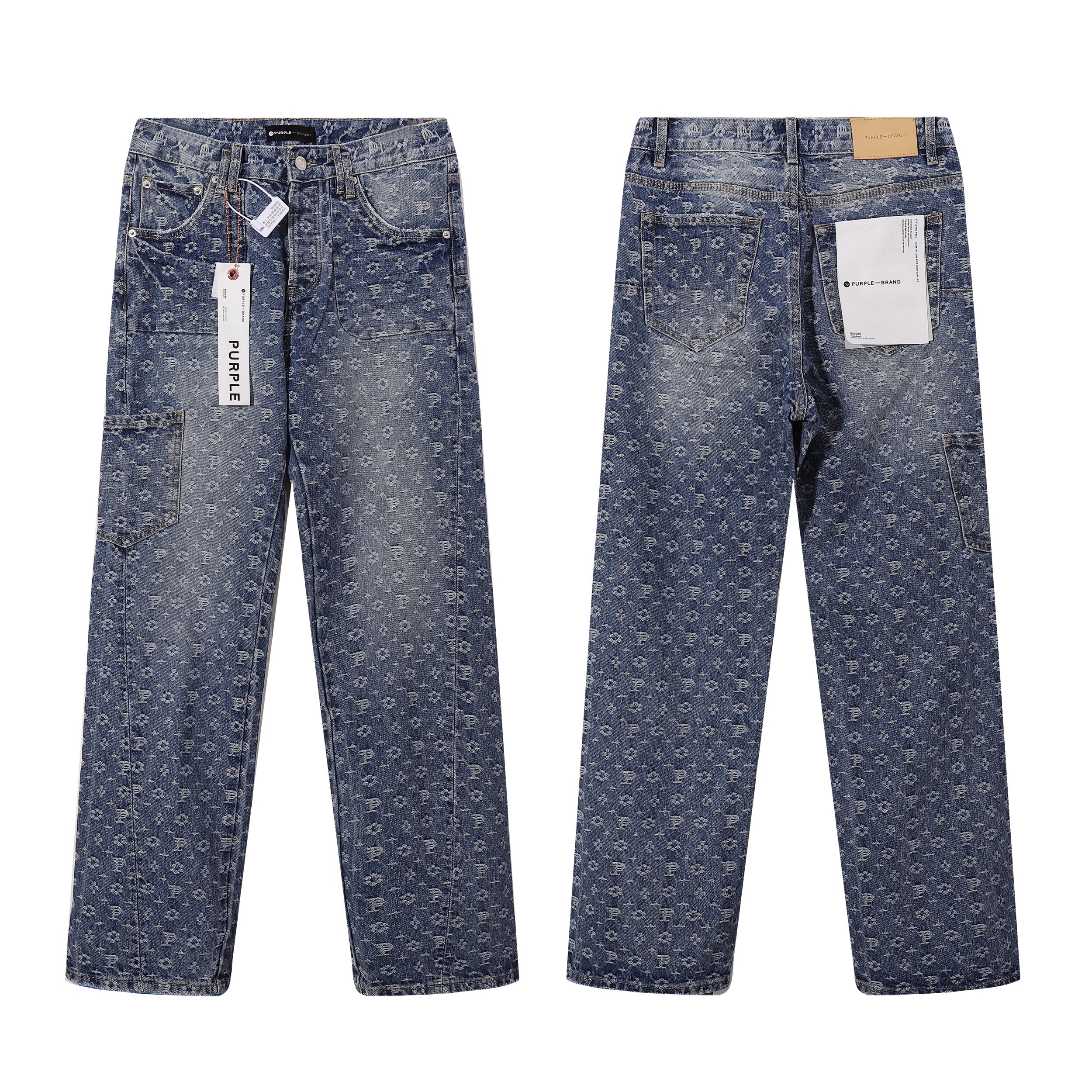 Purple‑Brand Monogram Jacquard Cargo Wide Leg Jeans