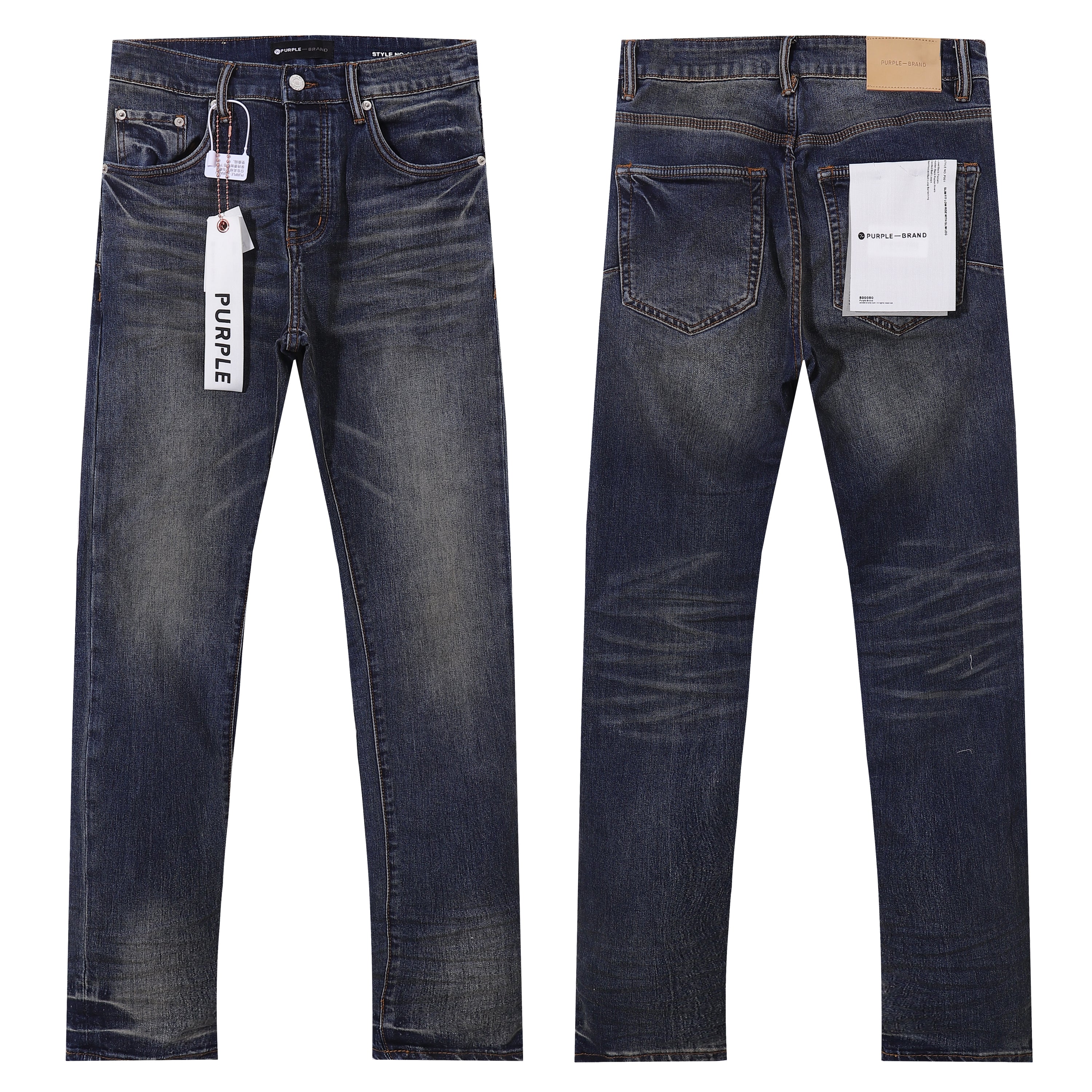 Purple‑Brand Men Dark Wash Straight Leg Jeans Vintage Faded Denim Pants Streetwear Casual Trousers