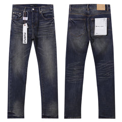 Purple‑Brand Men Dark Wash Straight Leg Jeans Vintage Faded Denim Pants Streetwear Casual Trousers