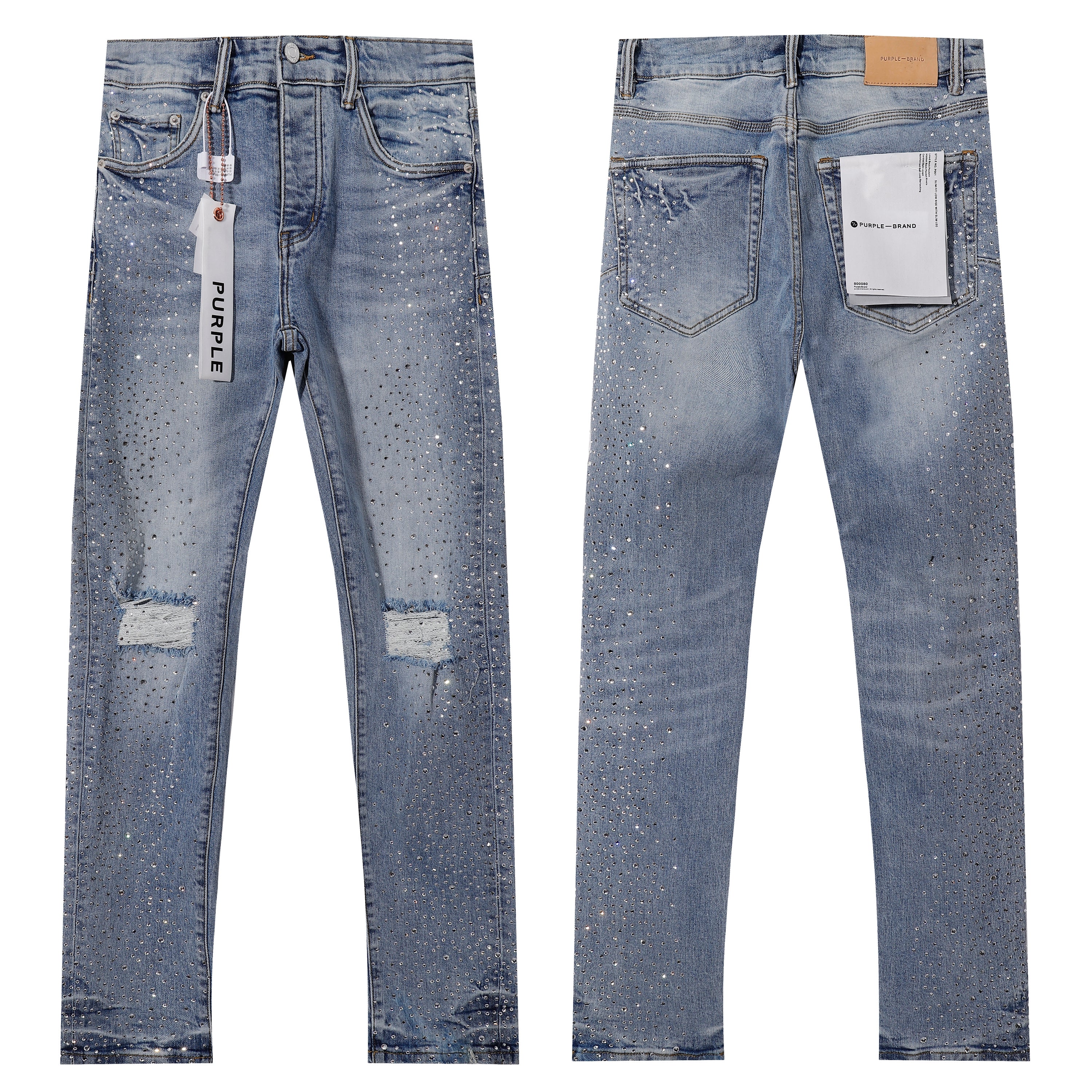 Purple‑Brand Light Wash Full Rhinestone Patch Distressed Straight Leg Jeans