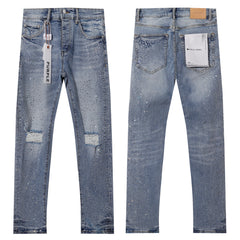 Purple‑Brand Light Wash Full Rhinestone Patch Distressed Straight Leg Jeans