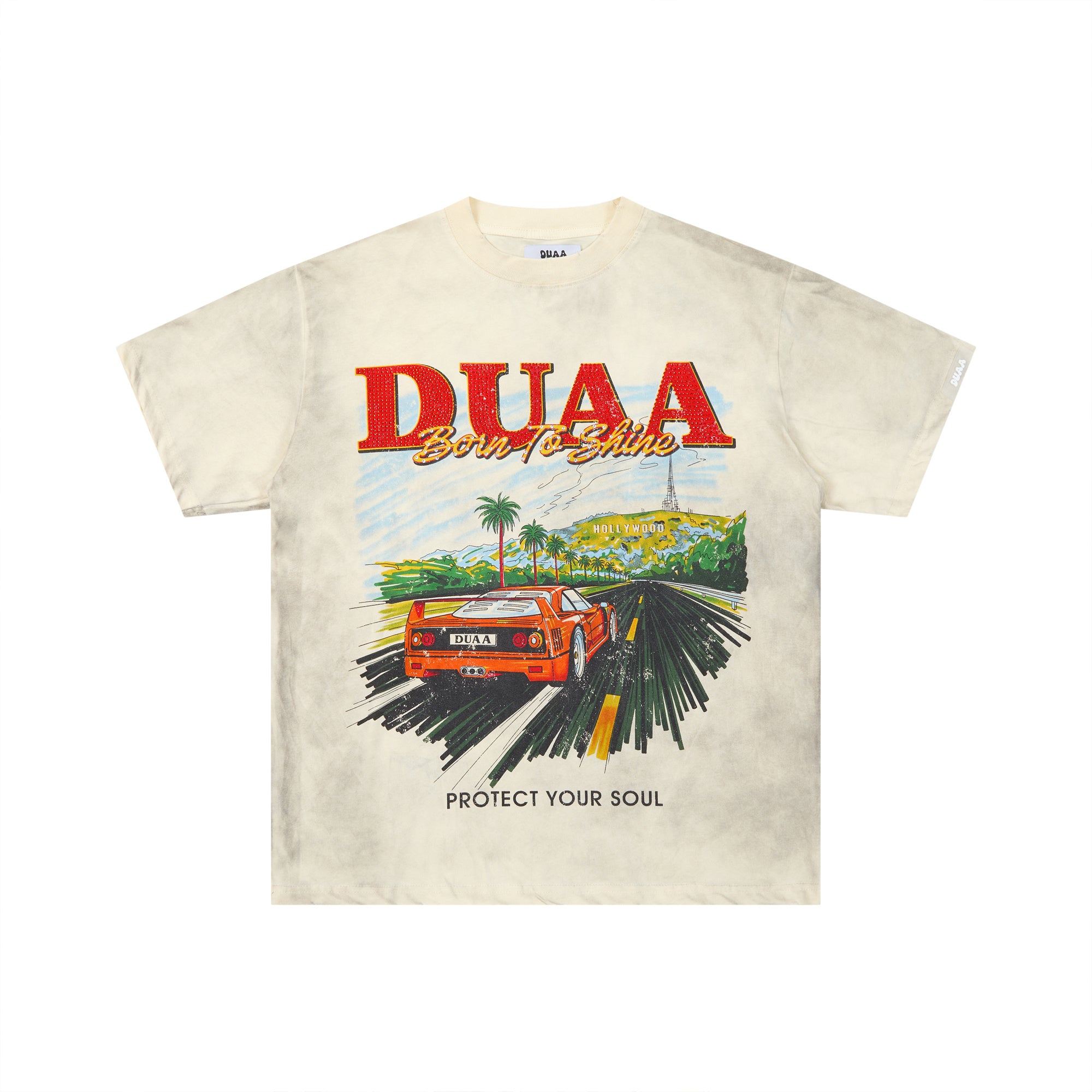 DUAA Born To Shine Retro Supercar Vintage Off White Washed T-Shirt