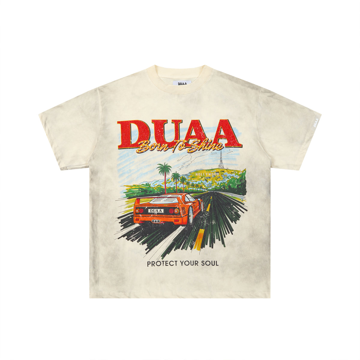 DUAA Born To Shine Retro Supercar Vintage Off White Washed T-Shirt