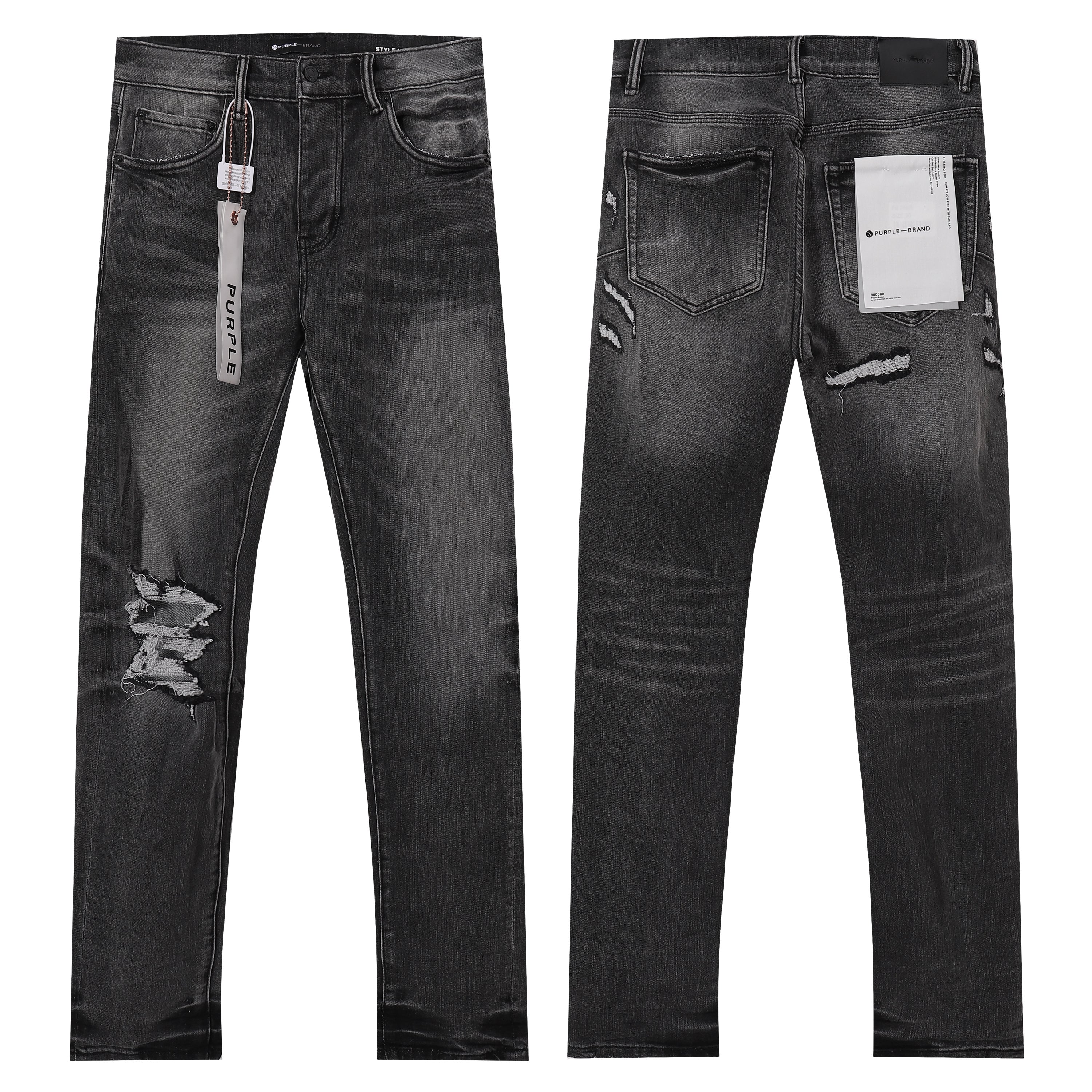 Purple‑Brand Black Grey Washed Multi‑Ripped Patch Straight Leg Jeans