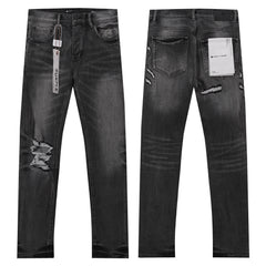 Purple‑Brand Black Grey Washed Multi‑Ripped Patch Straight Leg Jeans