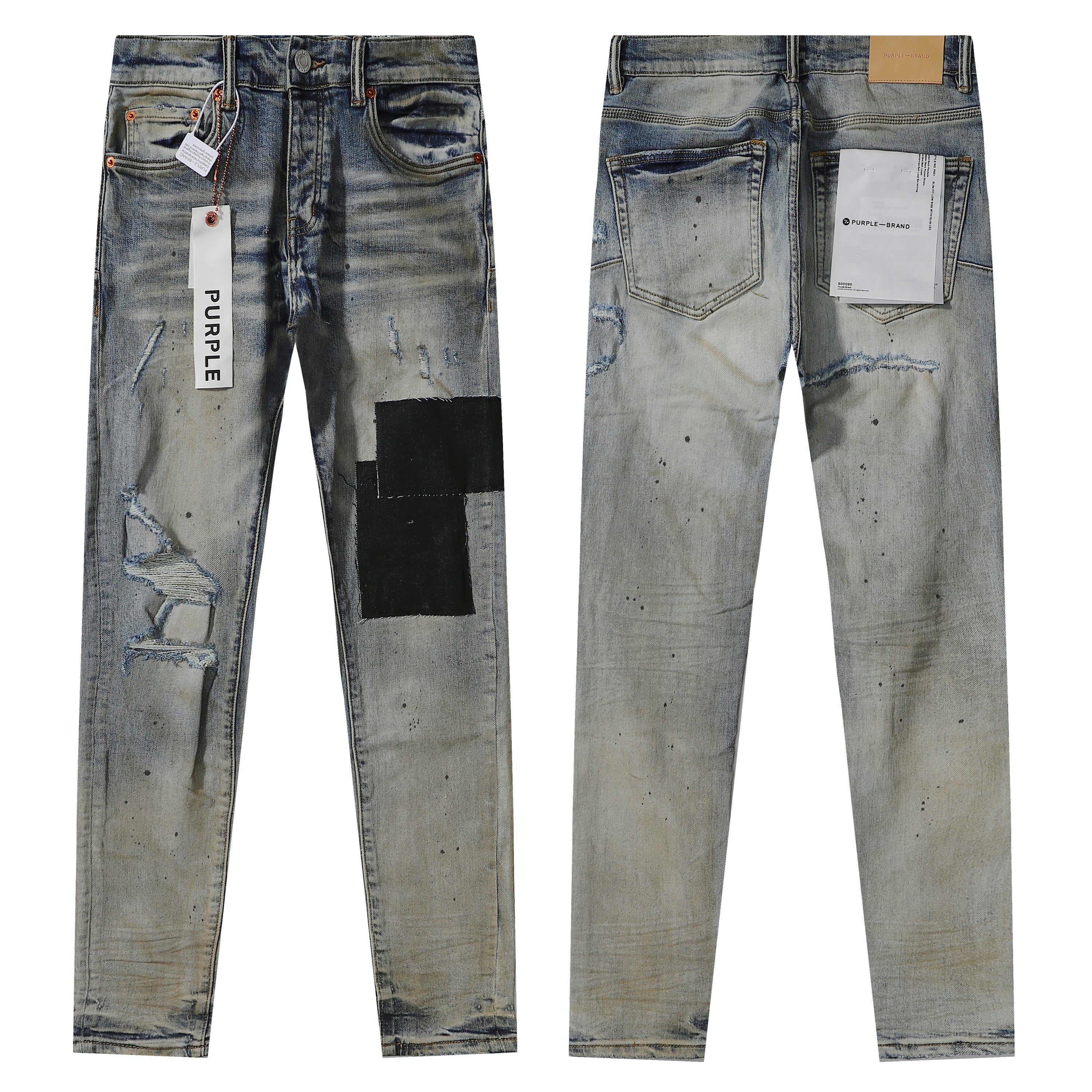 Purple‑Brand Vintage Wash Black Patch Ripped Splatter Straight Leg Jeans