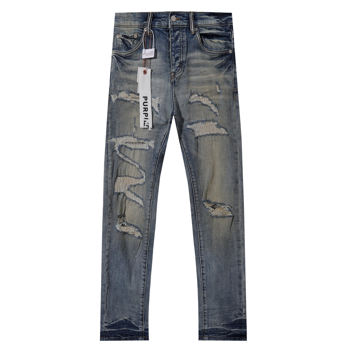 Purple‑Brand Vintage Washed Large Frayed Ripped Straight Leg Jeans