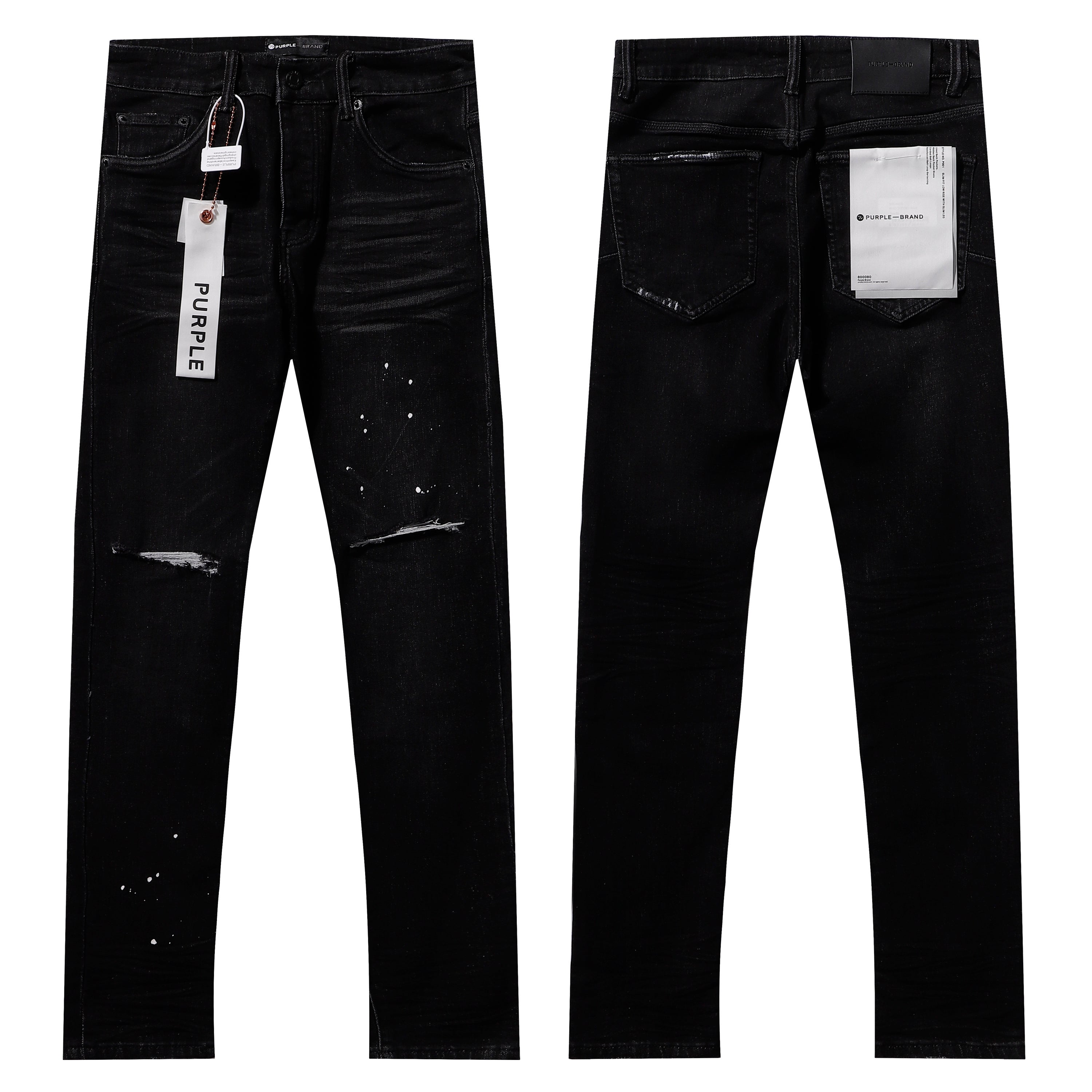 Purple‑Brand Black Wash Frayed Rip Paint Splatter Straight Leg Jeans