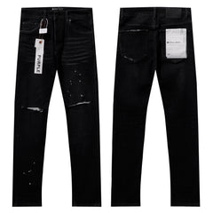Purple‑Brand Black Wash Frayed Rip Paint Splatter Straight Leg Jeans