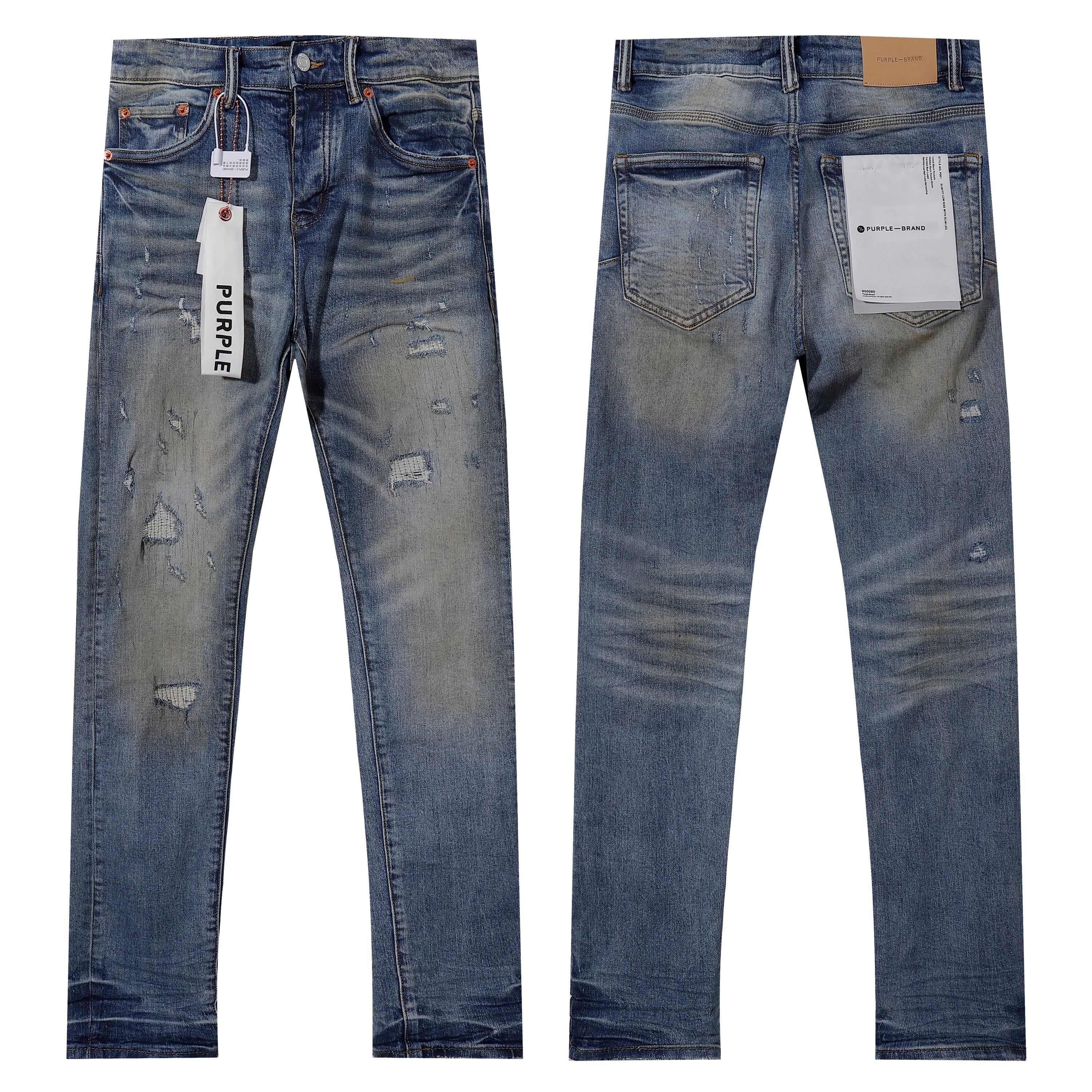 Purple‑Brand Vintage Blue Multi‑Patch Rip Distressed Straight Leg Jeans