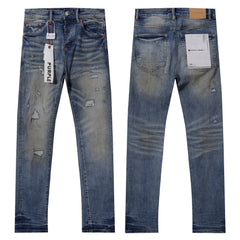 Purple‑Brand Vintage Blue Multi‑Patch Rip Distressed Straight Leg Jeans
