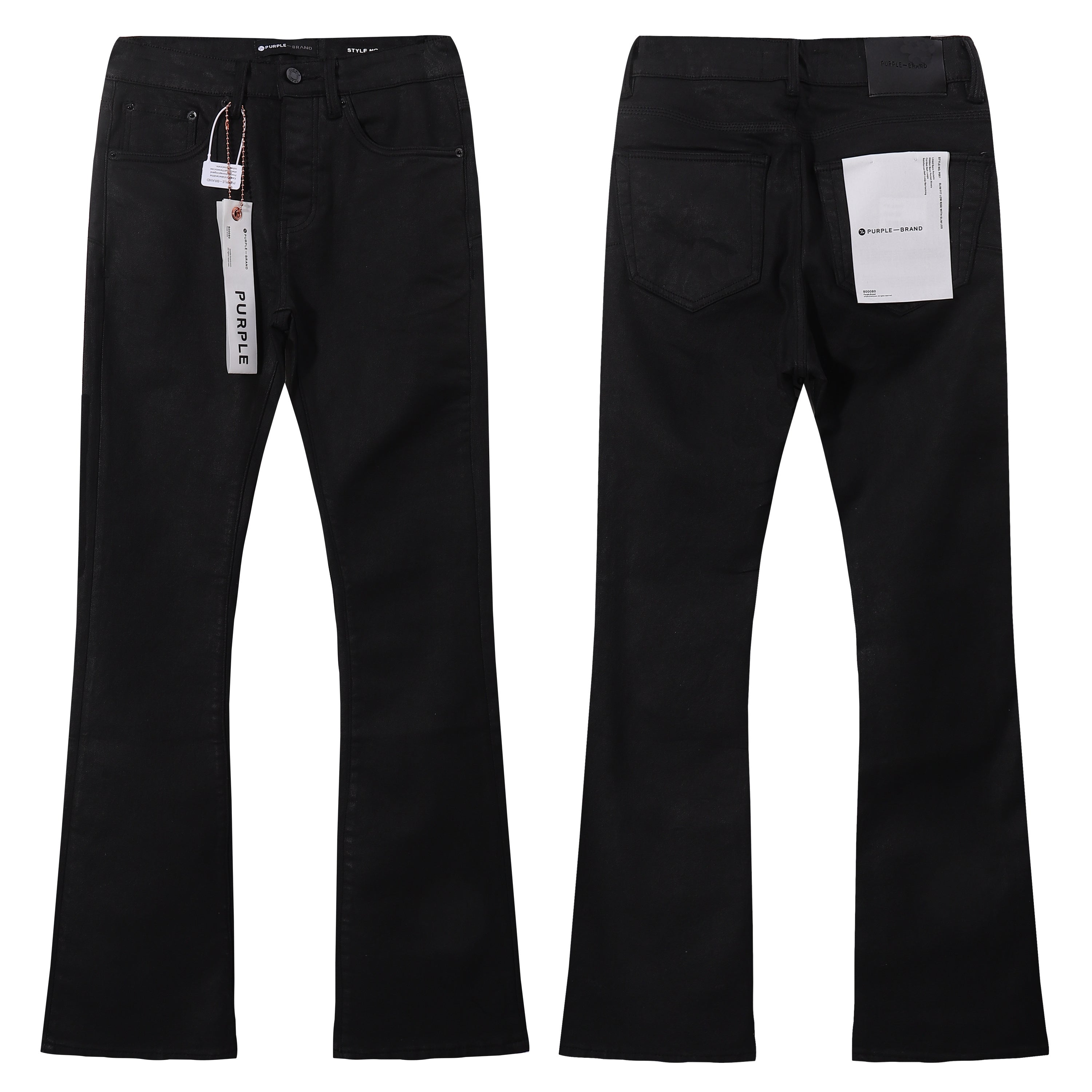 Purple‑Brand Solid Black Coated Flare Leg Jeans