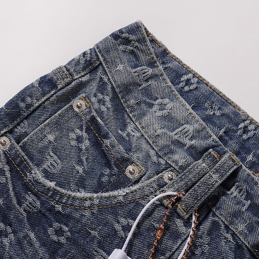 Purple‑Brand Monogram Jacquard Cargo Wide Leg Jeans