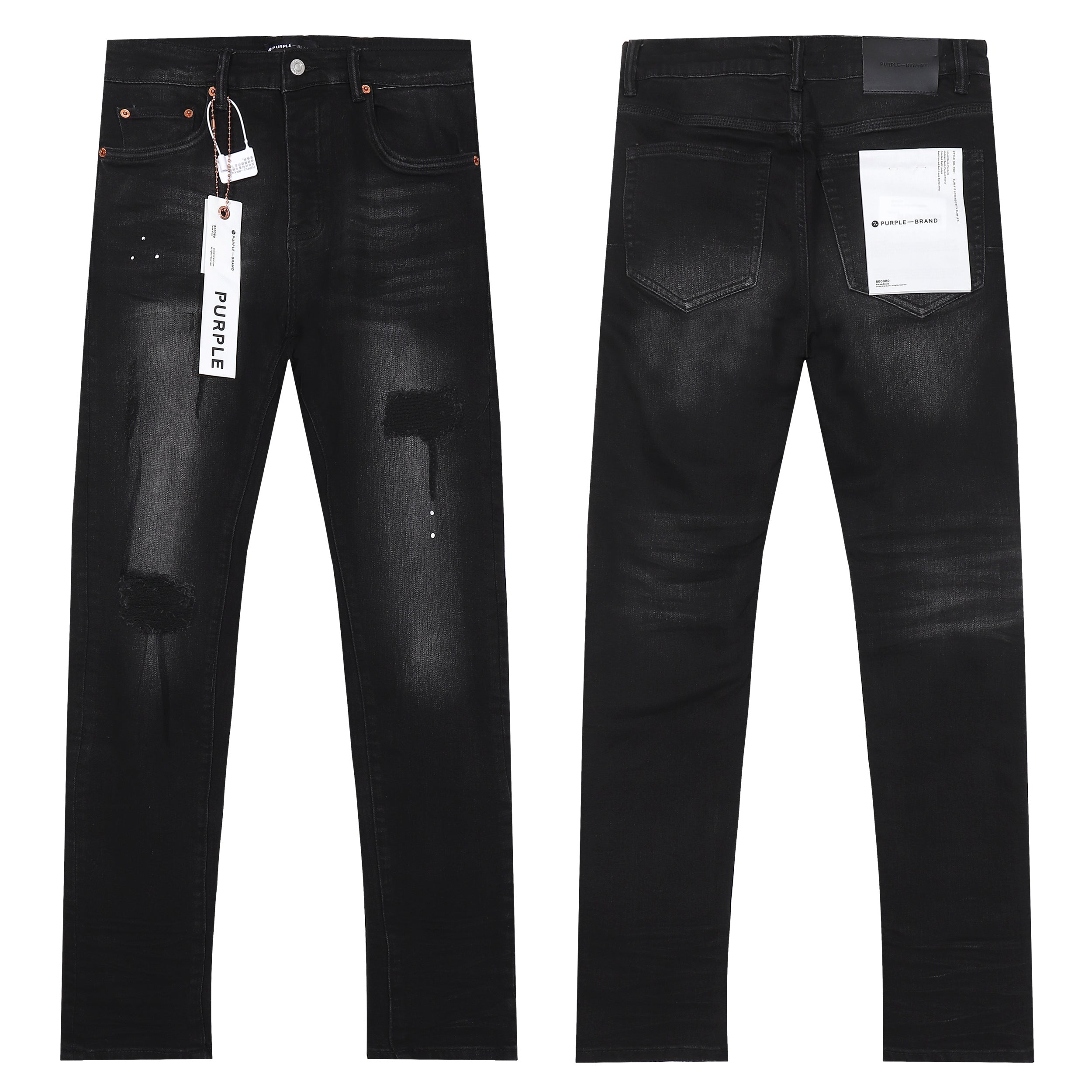 Purple‑Brand Black Repair Patch Splatter Detail Straight Leg Jeans