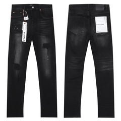 Purple‑Brand Black Repair Patch Splatter Detail Straight Leg Jeans