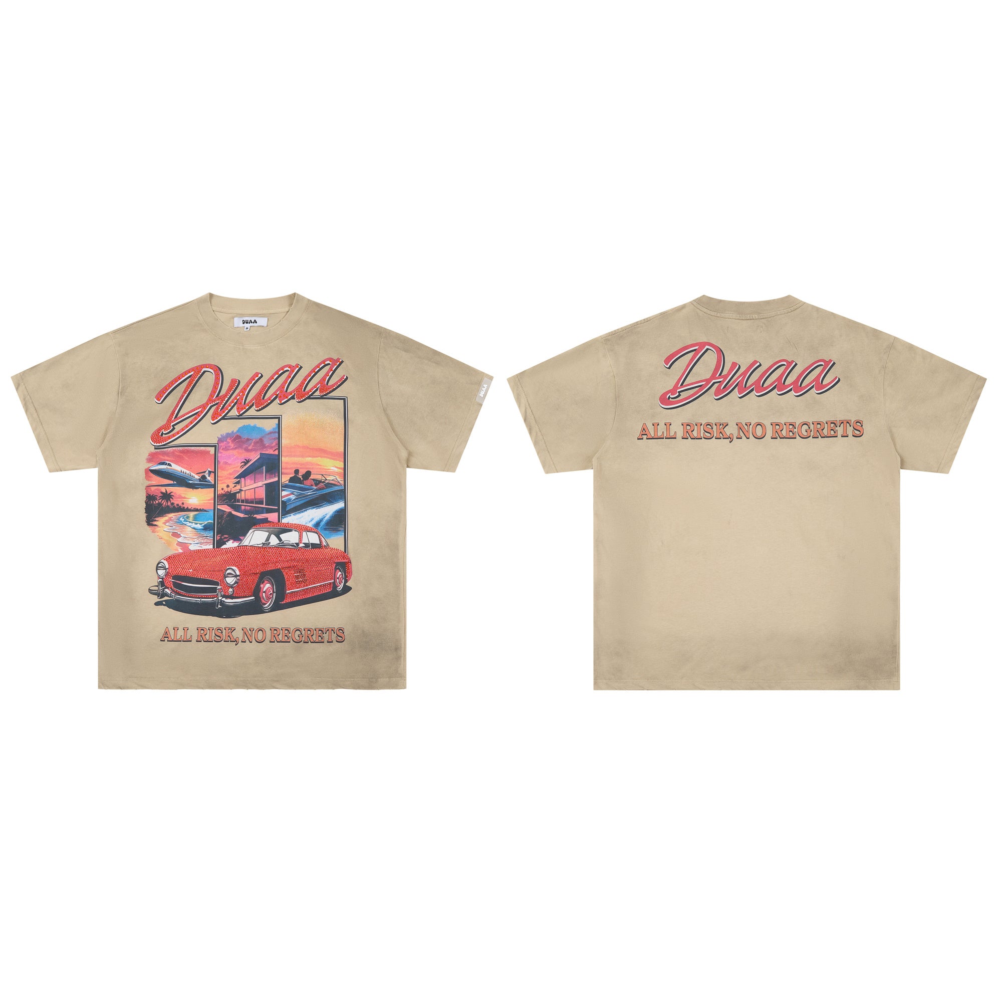DUAA All Risk No Regrets Retro Classic Car Vintage Khaki Washed T-Shirt