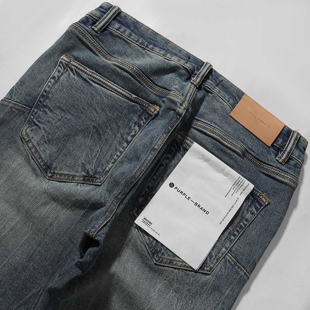 Purple‑Brand Vintage Blue Heavy Hand Whisker Crease Straight Leg Jeans