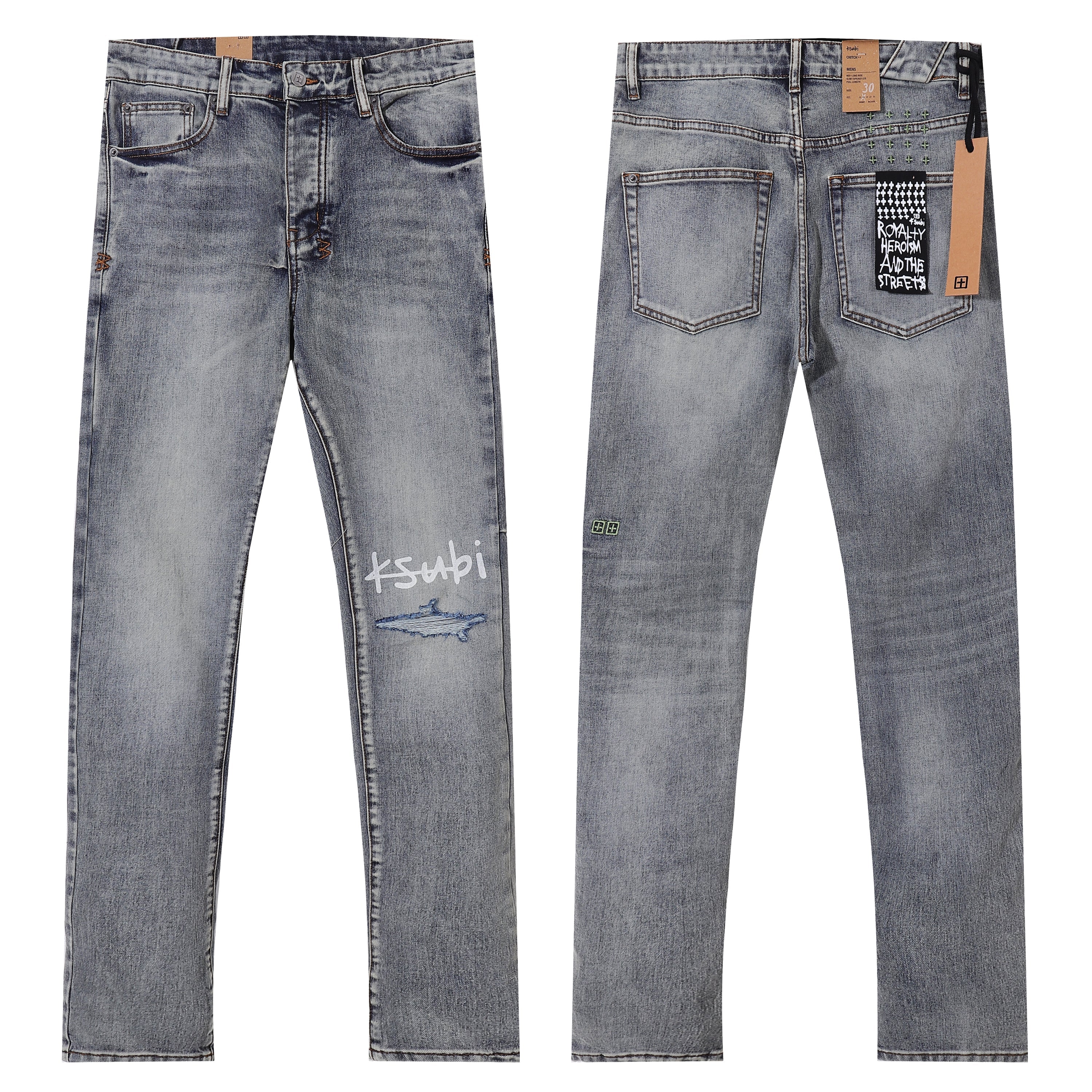 Ksubi Printed Logo Ripped Grey Wash Slim Jeans