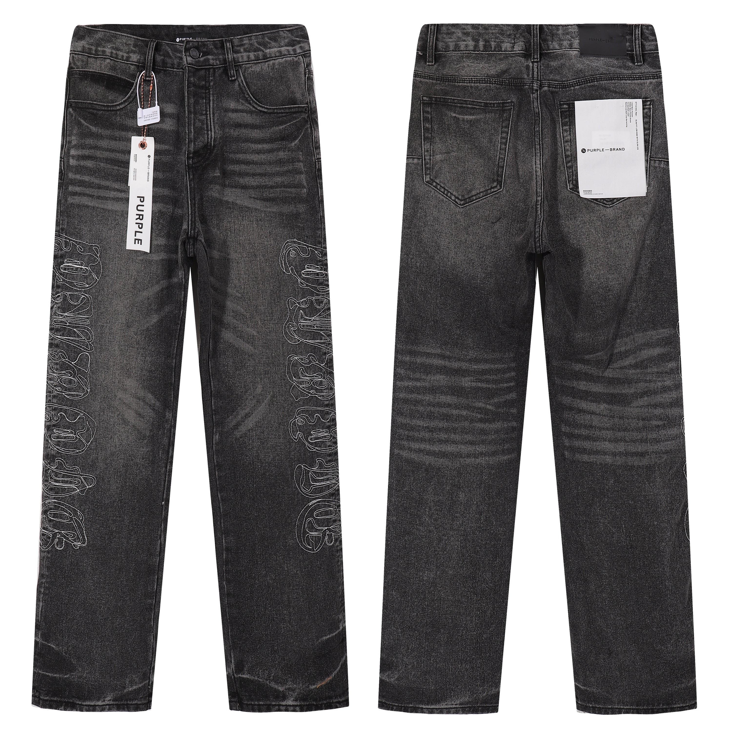 Purple‑Brand Black Washed Gothic Letter Embroidery Wide Leg Jeans