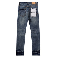 Purple‑Brand Mid‑Blue Distressed Patch Ripped Gradient Hem Straight Leg Jeans