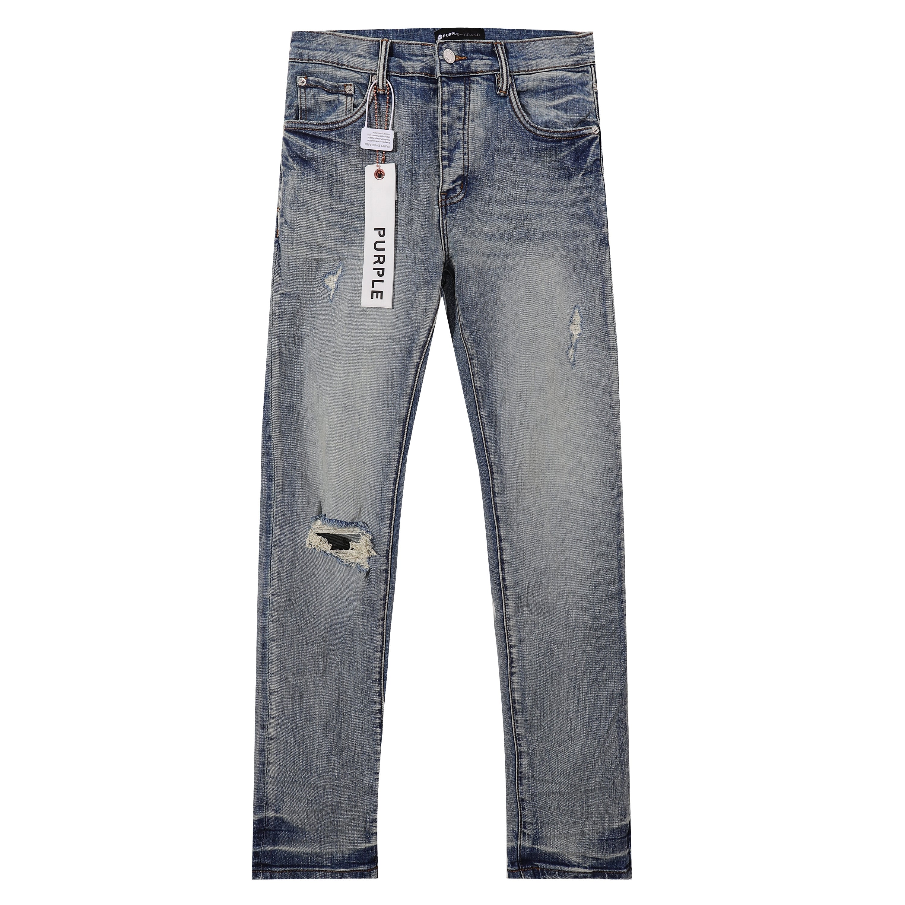 Purple‑Brand Light Vintage Wash Multi‑Ripped Straight Leg Jeans
