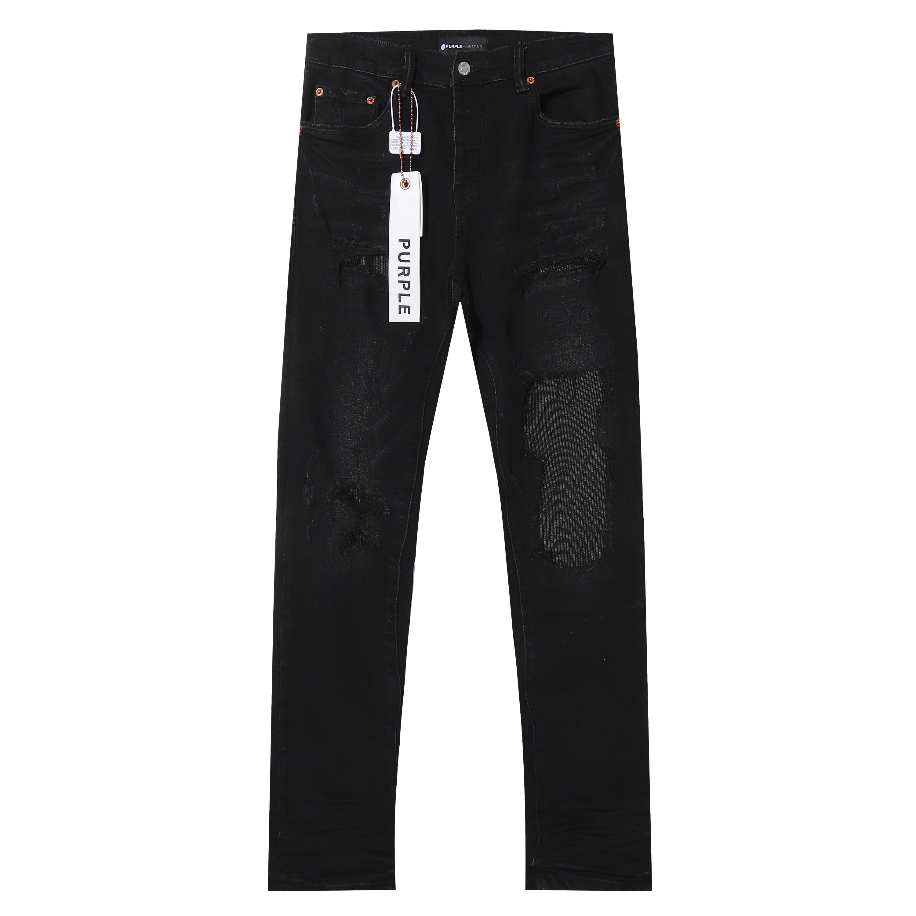 Purple‑Brand Black Wash Multi Frayed Rip Mesh Patch Straight Leg Jeans