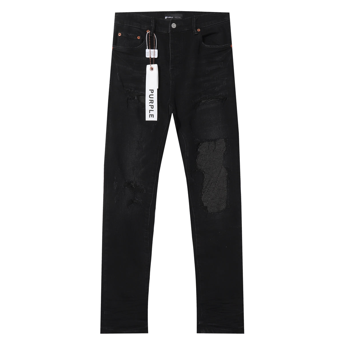 Purple‑Brand Black Wash Multi Frayed Rip Mesh Patch Straight Leg Jeans