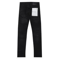 Purple‑Brand Black Wash Multi Frayed Rip Mesh Patch Straight Leg Jeans