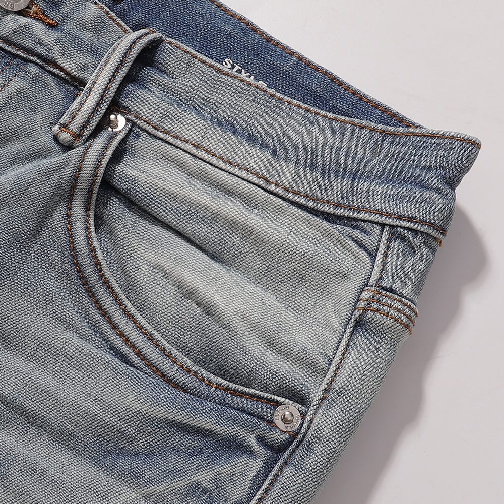 Purple‑Brand Light Blue Washed Frayed Ripped Flare Jeans