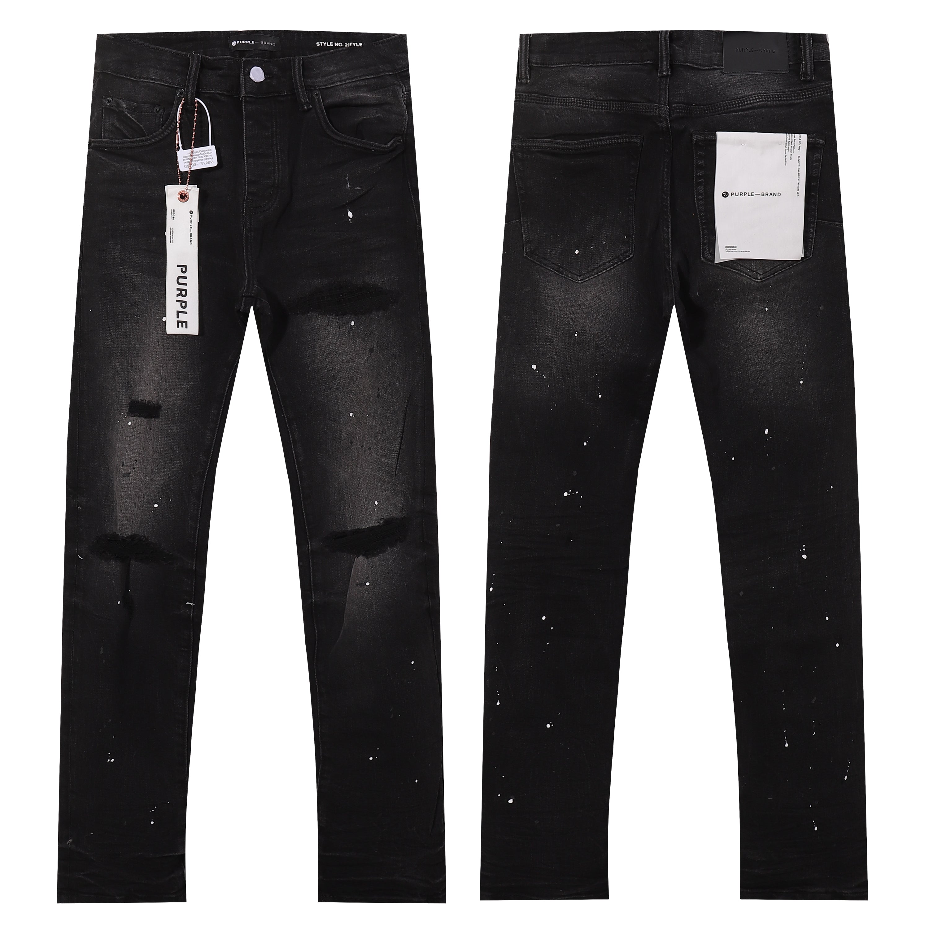 Purple‑Brand Black Faded Ripped White Paint Splatter Straight Jeans