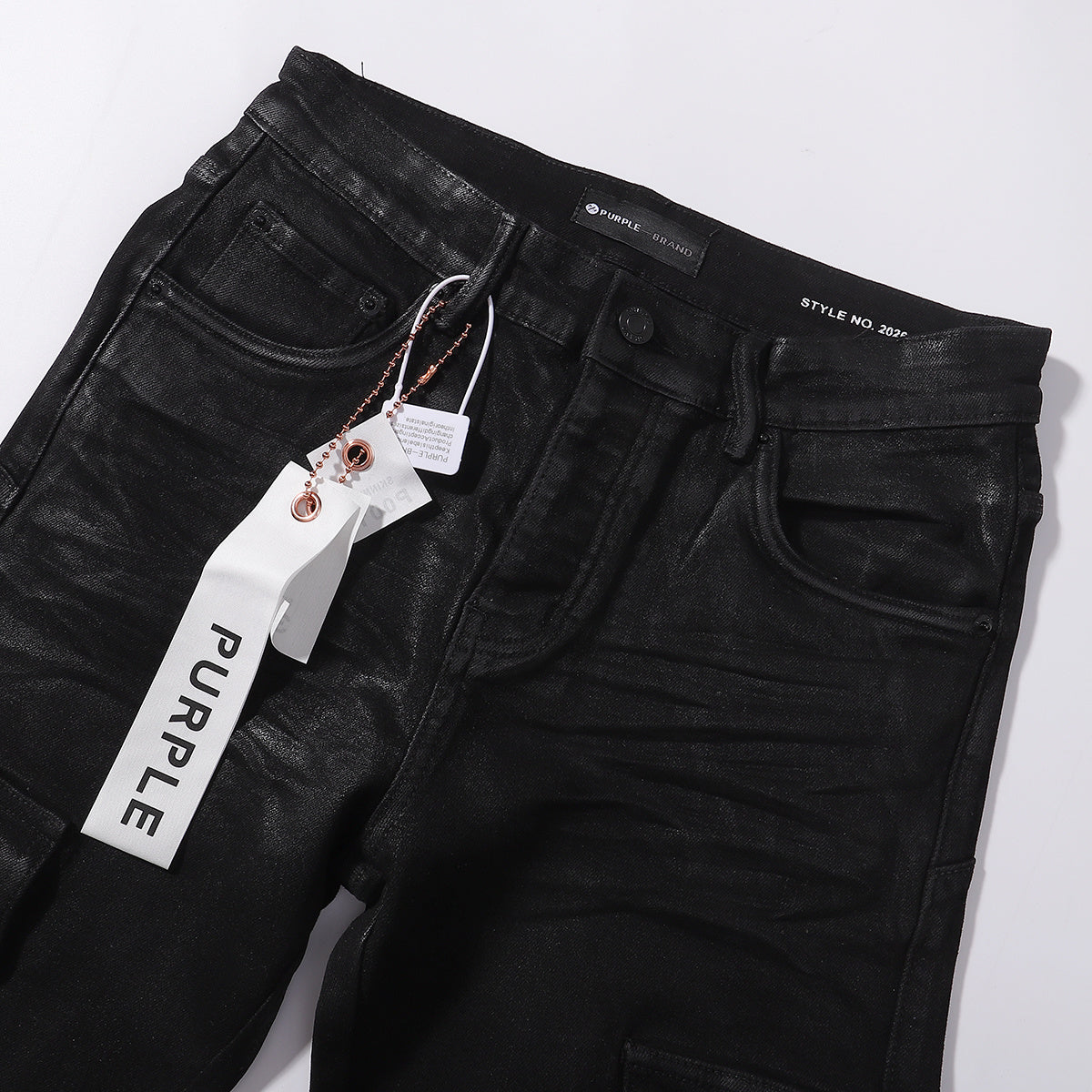 Purple‑Brand Coated Black Cargo Straight Leg Jeans