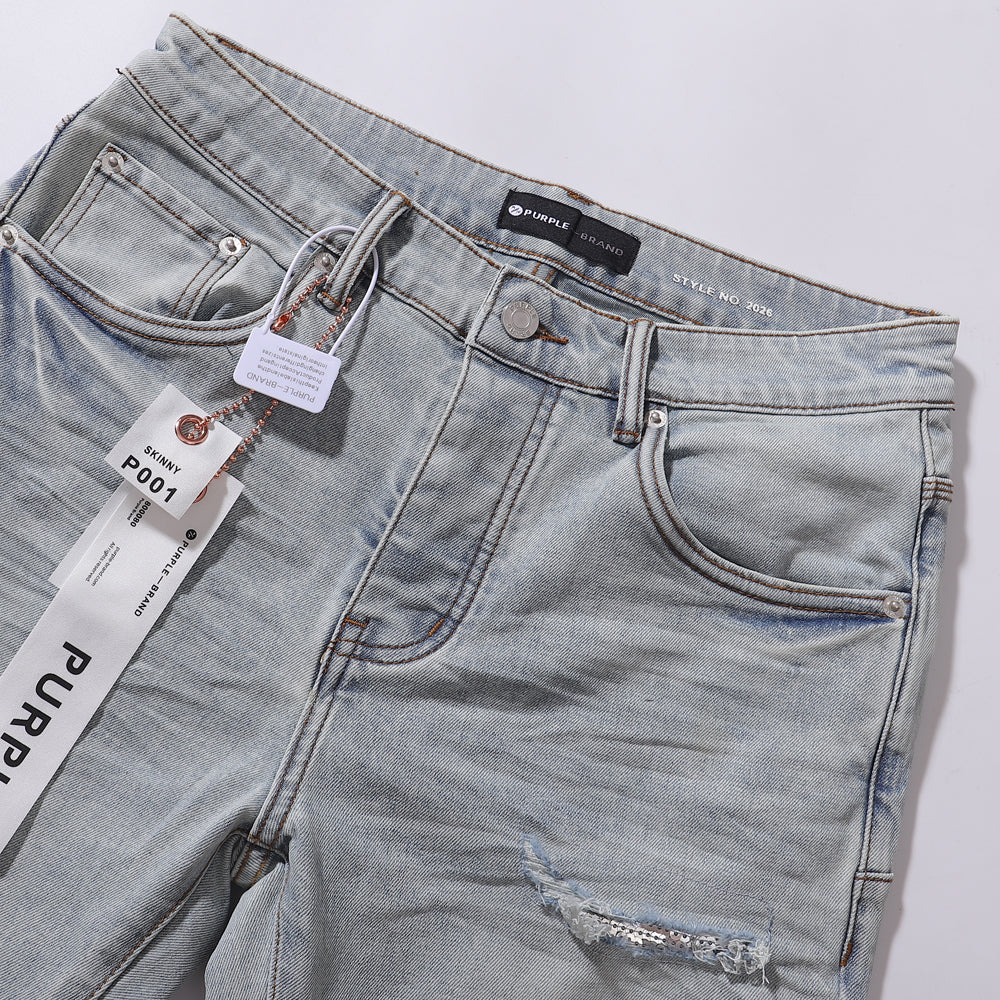 Purple‑Brand Men Light Wash Straight Jeans Sequin Patch Ripped Distressed Denim Pants Streetwear Trousers