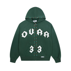 DUAA Gothic Letter 33 Rhinestone Dark Green Zip Up Hoodie
