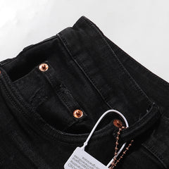 Purple‑Brand Black Wash Multi Frayed Rip Mesh Patch Straight Leg Jeans
