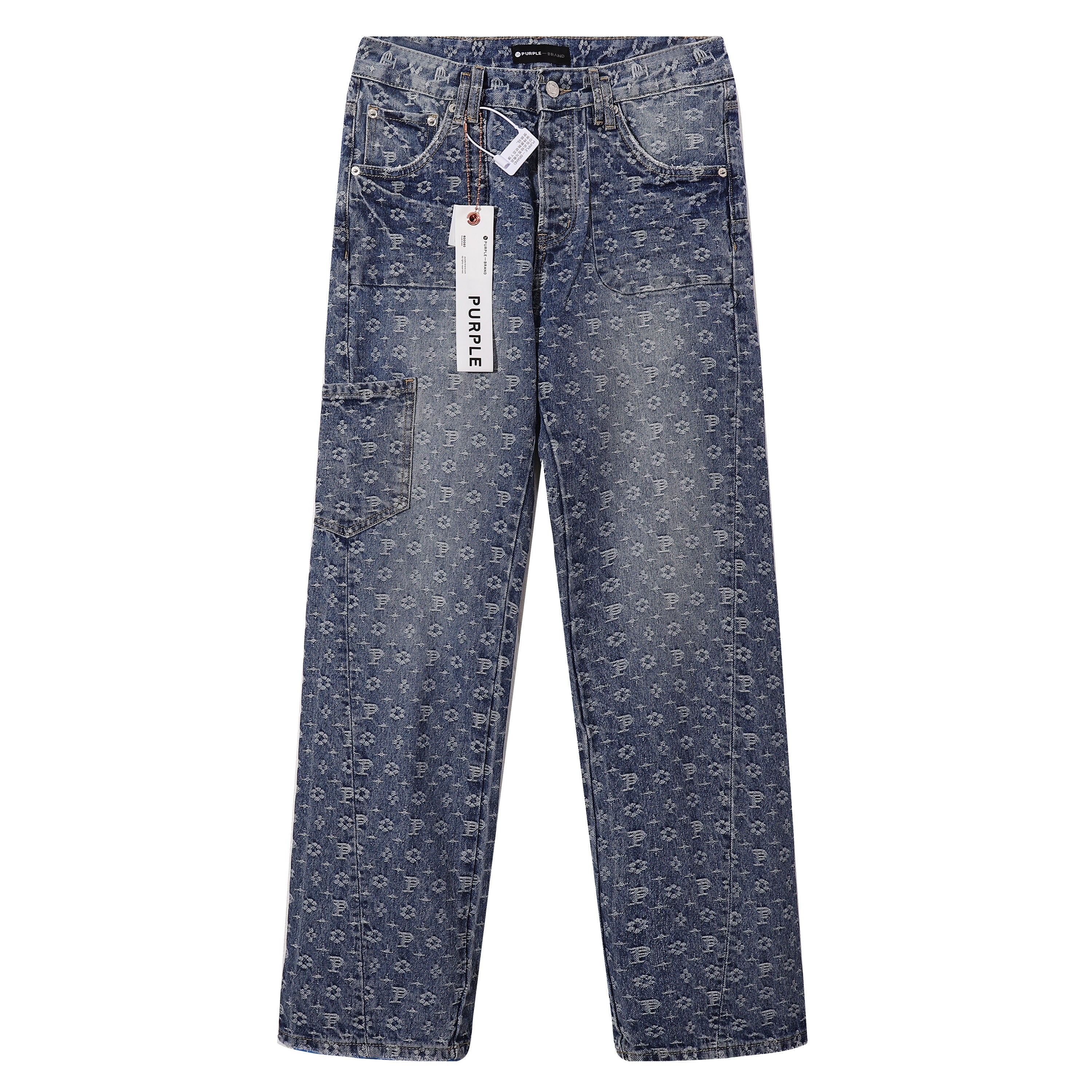 Purple‑Brand Monogram Jacquard Cargo Wide Leg Jeans