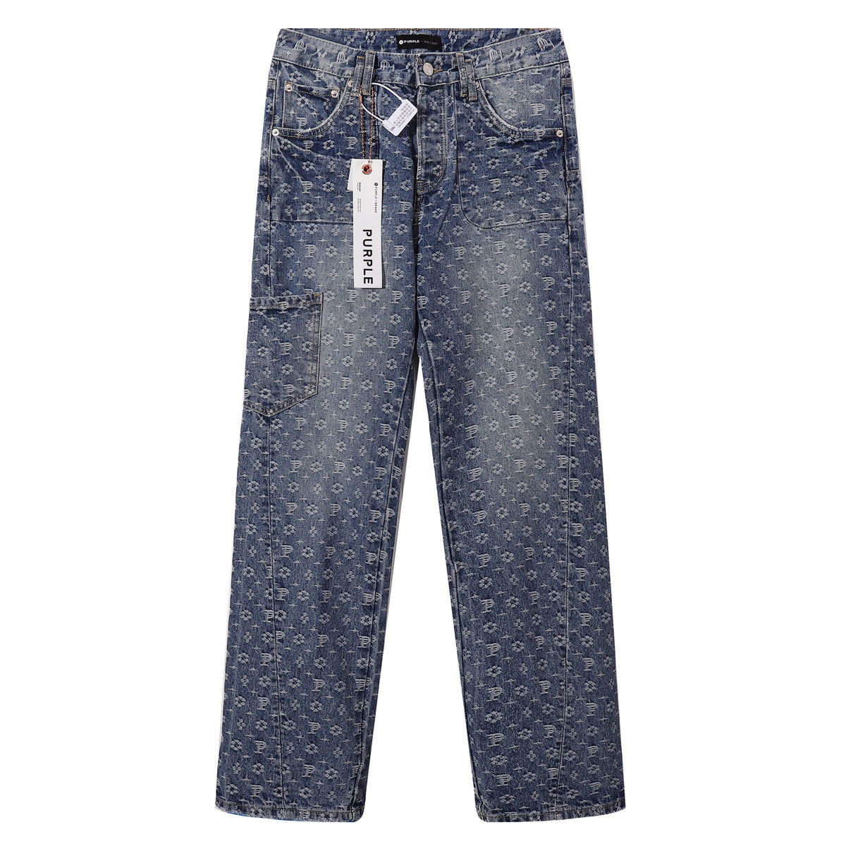 Purple‑Brand Monogram Jacquard Cargo Wide Leg Jeans