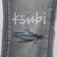 Ksubi Printed Logo Ripped Grey Wash Slim Jeans