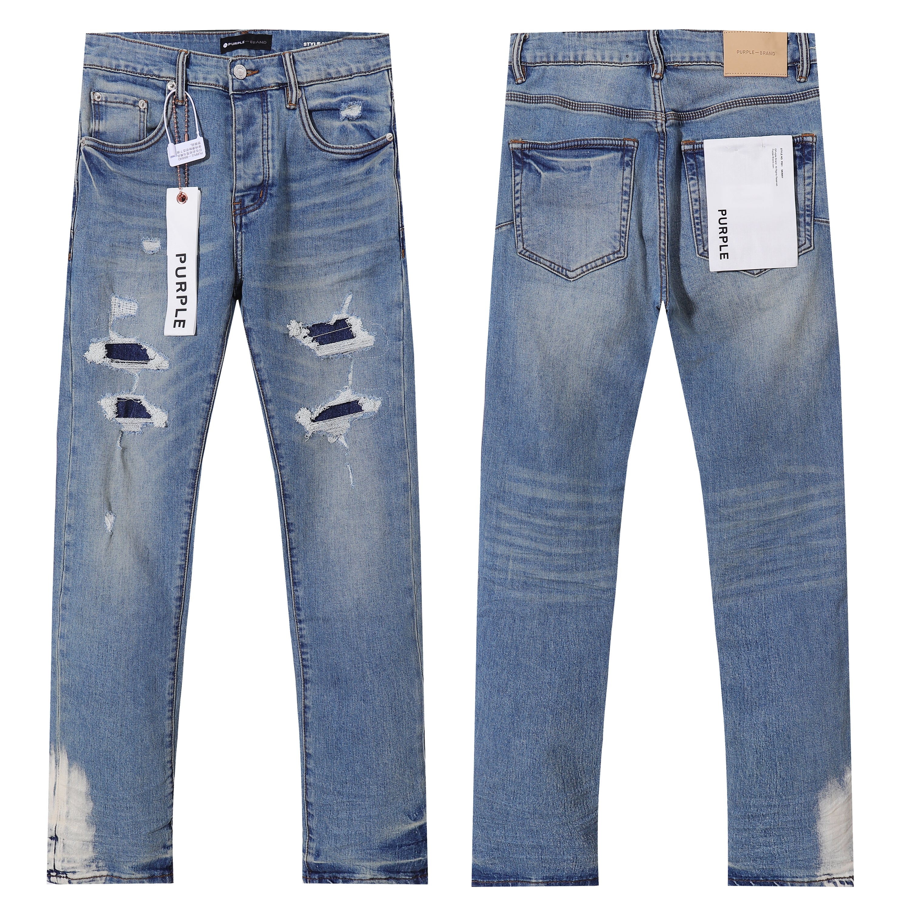 Purple‑Brand Light Wash Multi‑Ripped Patch Straight Jeans