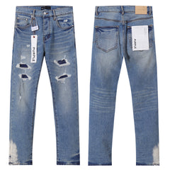 Purple‑Brand Light Wash Multi‑Ripped Patch Straight Jeans