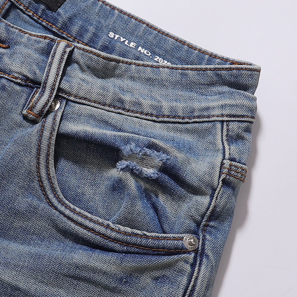 Purple‑Brand Light Wash Multi‑Ripped Patch Straight Jeans