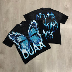 DUAA Blue Flame Butterfly Vintage Black Washed T-Shirt